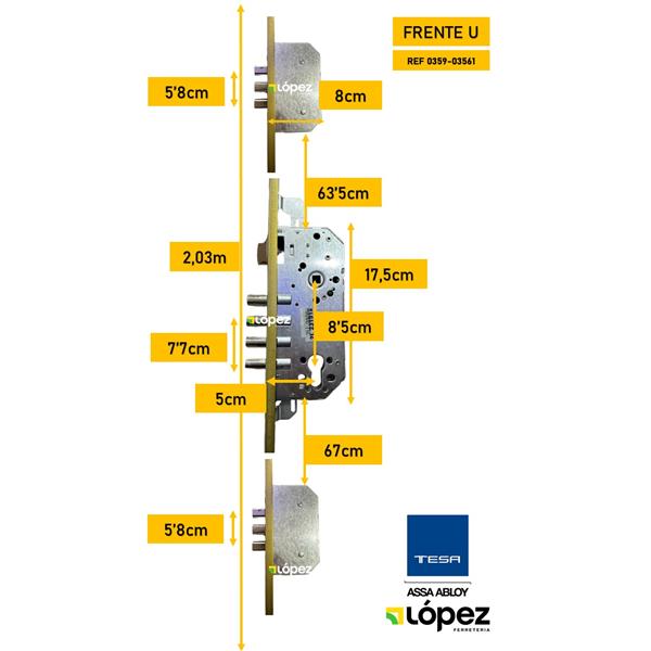 CERRADURA MULTIPUNTOS 3P BULONES FRENTE LATON U CILINDRO 30+30 TLB3566LE TESSA *OFERTA*