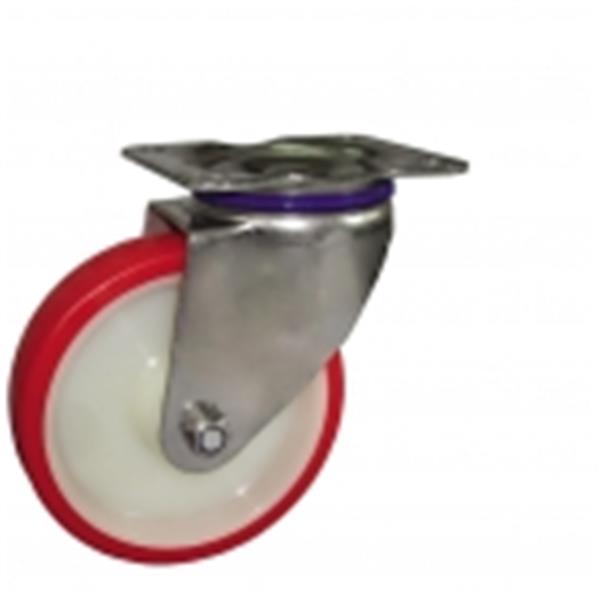 RUEDA 200 POLIURETANO ROJO BASE GIRATORIA INOXIDABLE 500KG