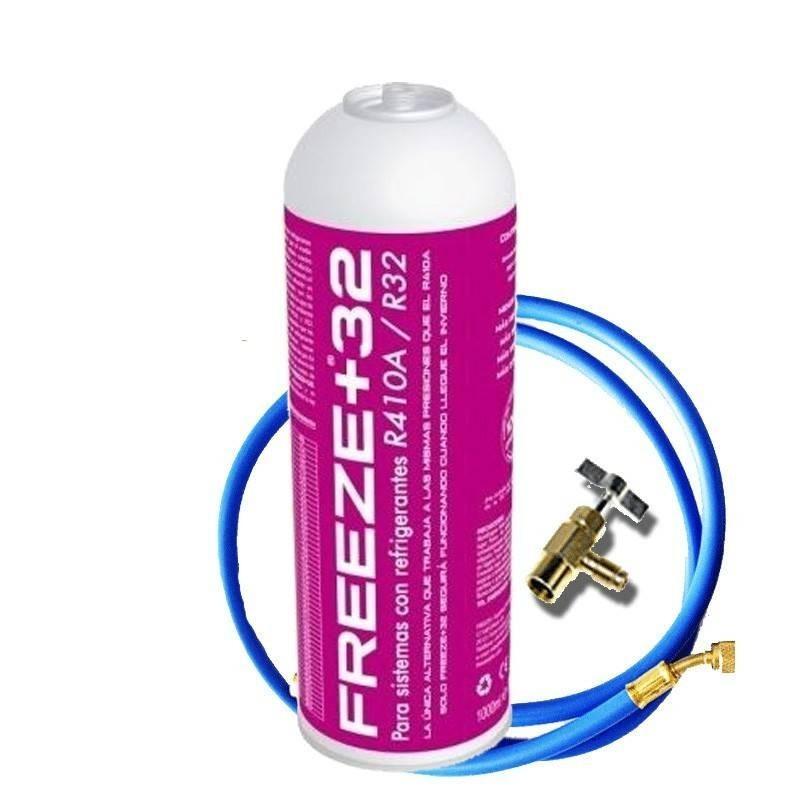 1 Botella Gas Refrigerante Freeze Organico +32 350Gr + Valvula + Manguera Sustituto R32, R410A