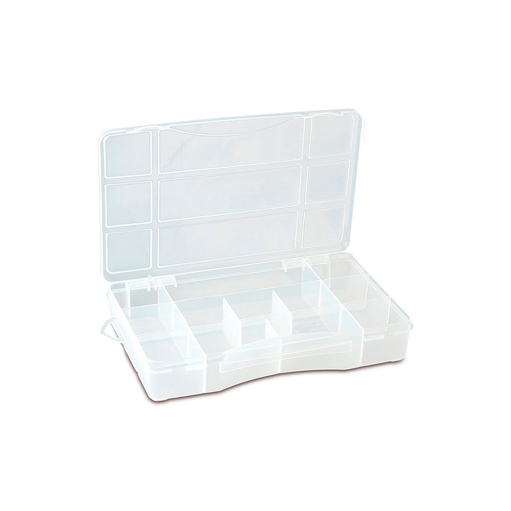 Estuche De Plástico Transparente. Tapa Abatible, 12 Compartimentos, Ojal Para Colgar.240 X 155 X 41 Mm