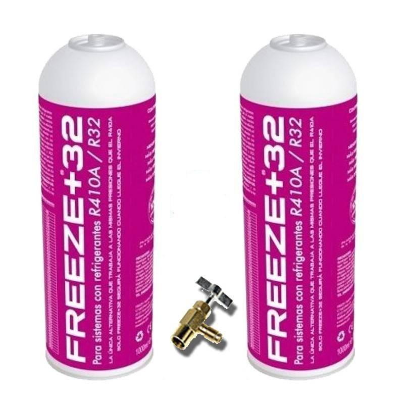 2 Botellas Gas Refrigerante Freeze Organico +32 350Gr + Valvula Sustituto R32, R410A