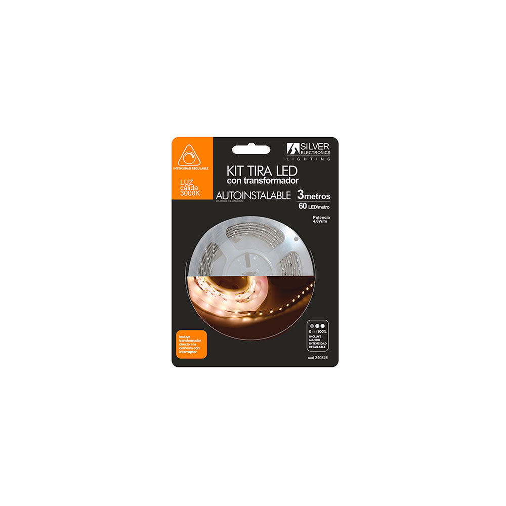 Kit Tira Led 3 m 4,8 w/M 3000 k 12 v Ip20 Regulable Blister