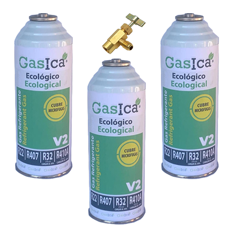 3 Botellas Gas Gasica V2 226Gr + Valvula Alternativo R22, R32, R407C, R410A Freeze