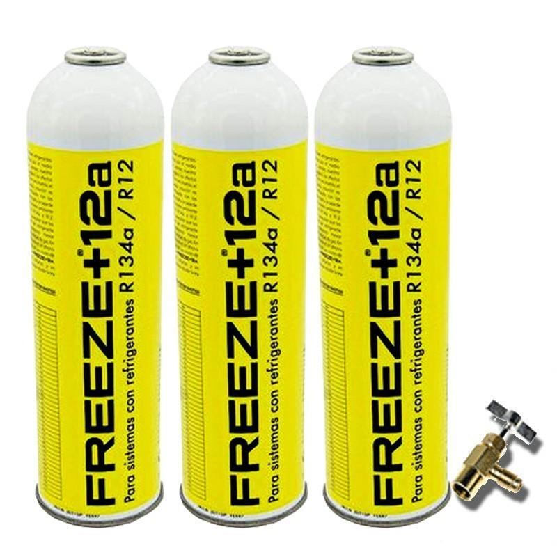 3 Botellas Gas Refrigerante Freeze +12a 420Gr + Valvula Organico Sustituto R12, R134A