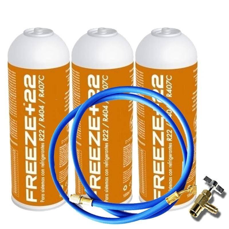 3 Botellas Gas Refrigerante Freeze +22 400Gr + Valvula + Manguera Organico Sustituto R22, R404, R407C
