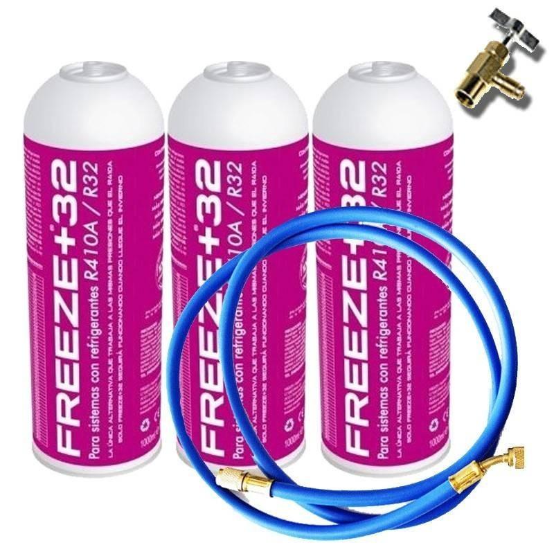 3 Botellas Gas Refrigerante Freeze Organico +32 350Gr + Valvula + Manguera Sustituto R32, R410A