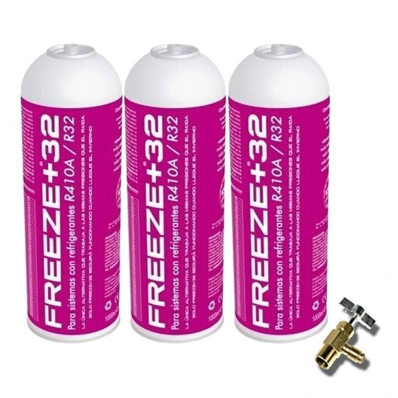 3 Botellas Gas Refrigerante Freeze Organico +32 350Gr + Valvula Sustituto R32, R410A