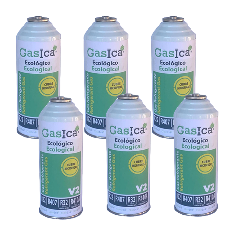 6 Botellas Gas Gasica V2 226Gr Alternativo R22, R32, R407C, R410A Freeze