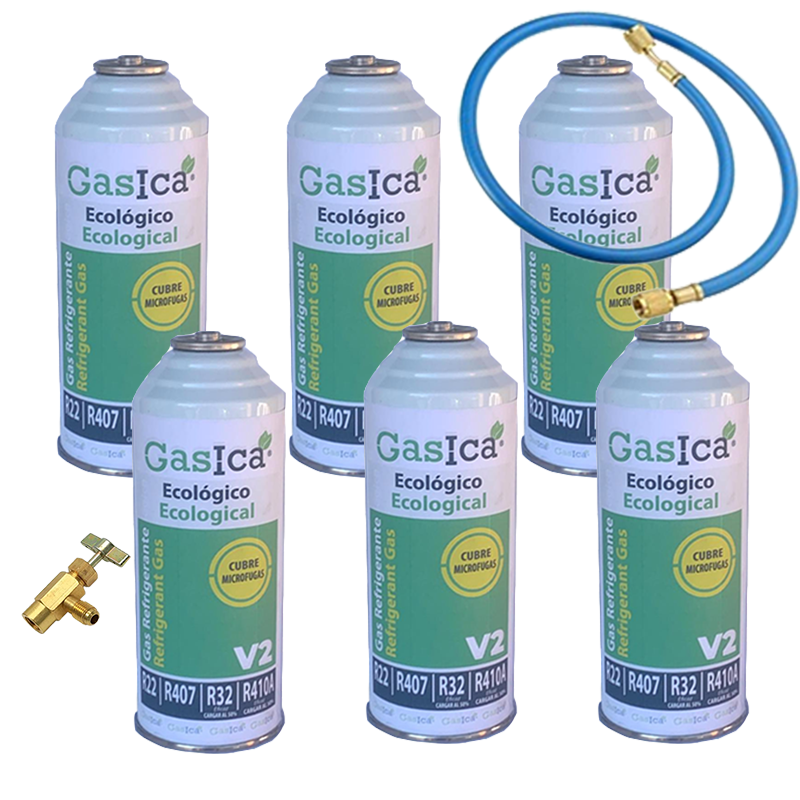 6 Botellas Gas Gasica V2 226Gr + Valvula + Manguera Alternativo R22, R32, R407C, R410A Freeze