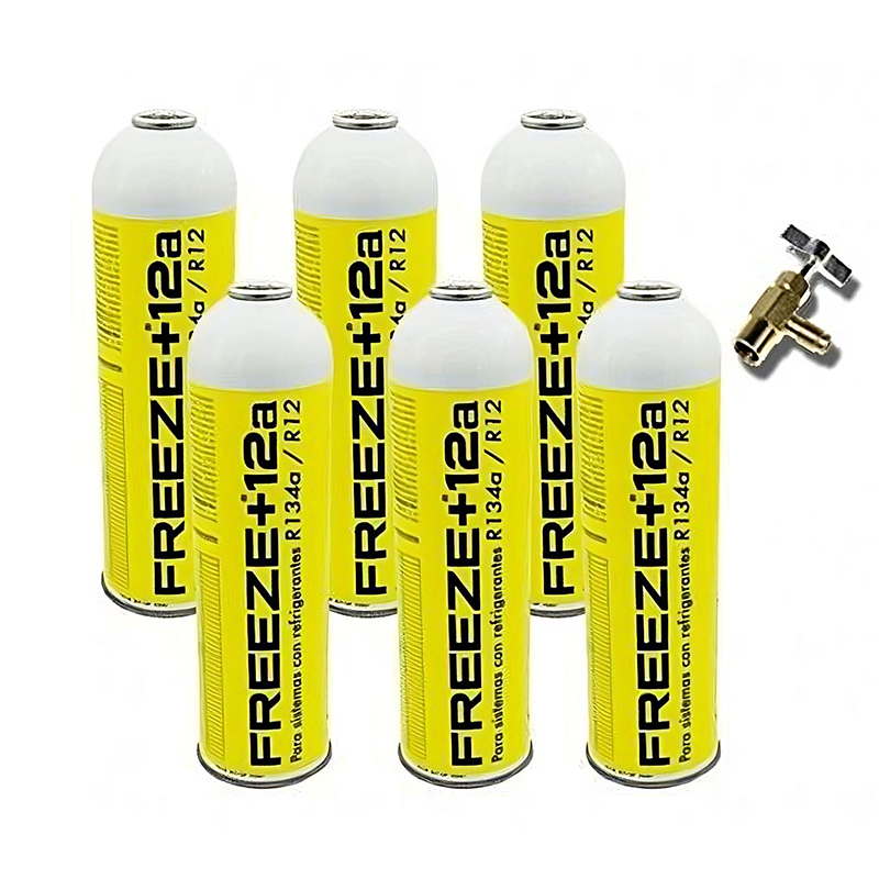 6 Botellas Gas Refrigerante Freeze +12a 420Gr + Valvula Organico Sustituto R12, R134A