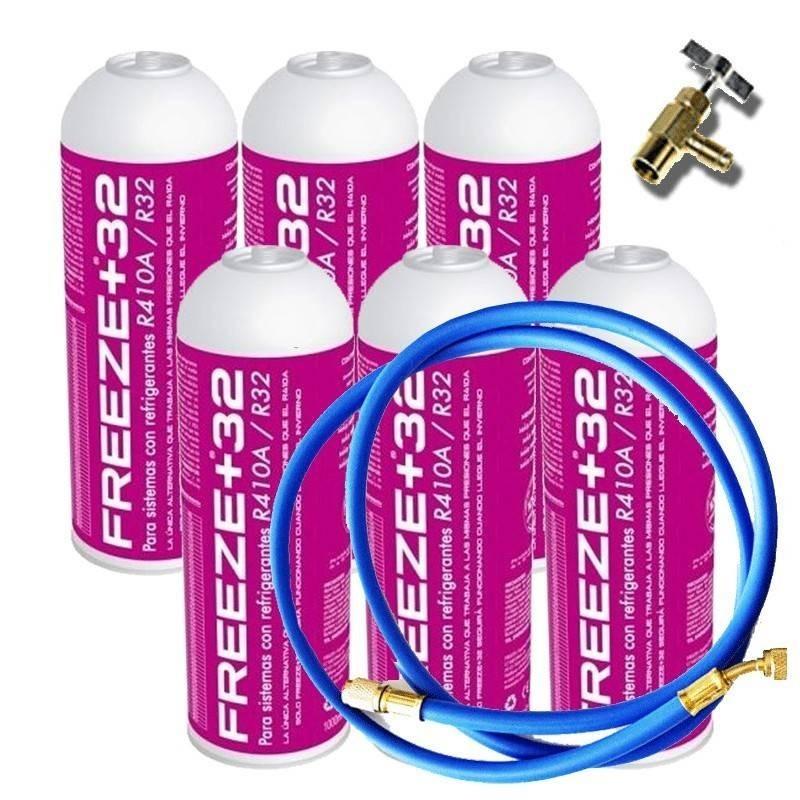 6 Botellas Gas Refrigerante Freeze Organico +32 350Gr + Valvula + Manguera Sustituto R32, R410A