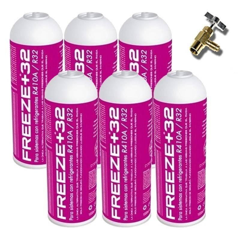 6 Botellas Gas Refrigerante Freeze Organico +32 350Gr + Valvula Sustituto R32, R410A