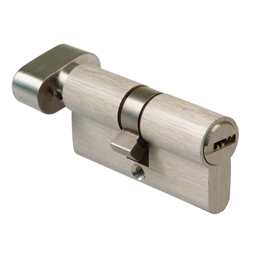 Cilindro de seguridad con muletilla 6 pines y leva de 15mm. 60 (30-30) en Latón cromado mate - Mod. 9850