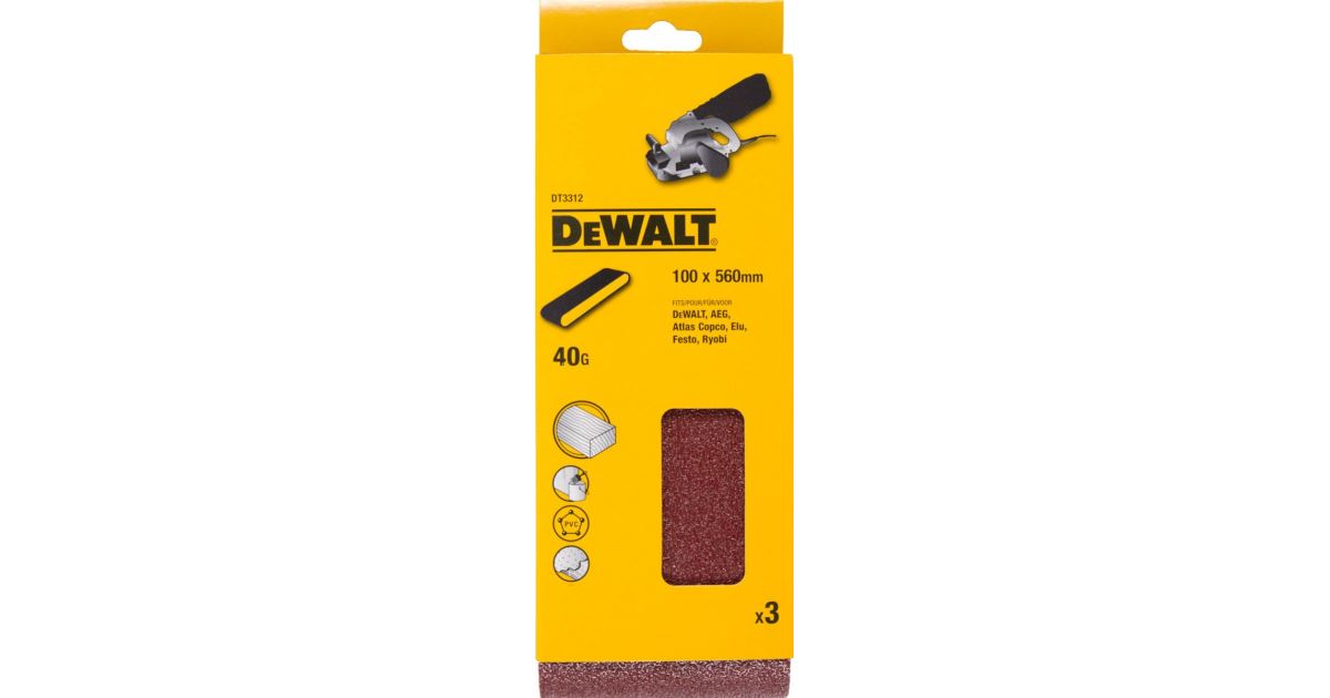 Banda de lija DeWALT para lijadoras de banda K40, 560 x 100 mm (3 piezas) DT3312