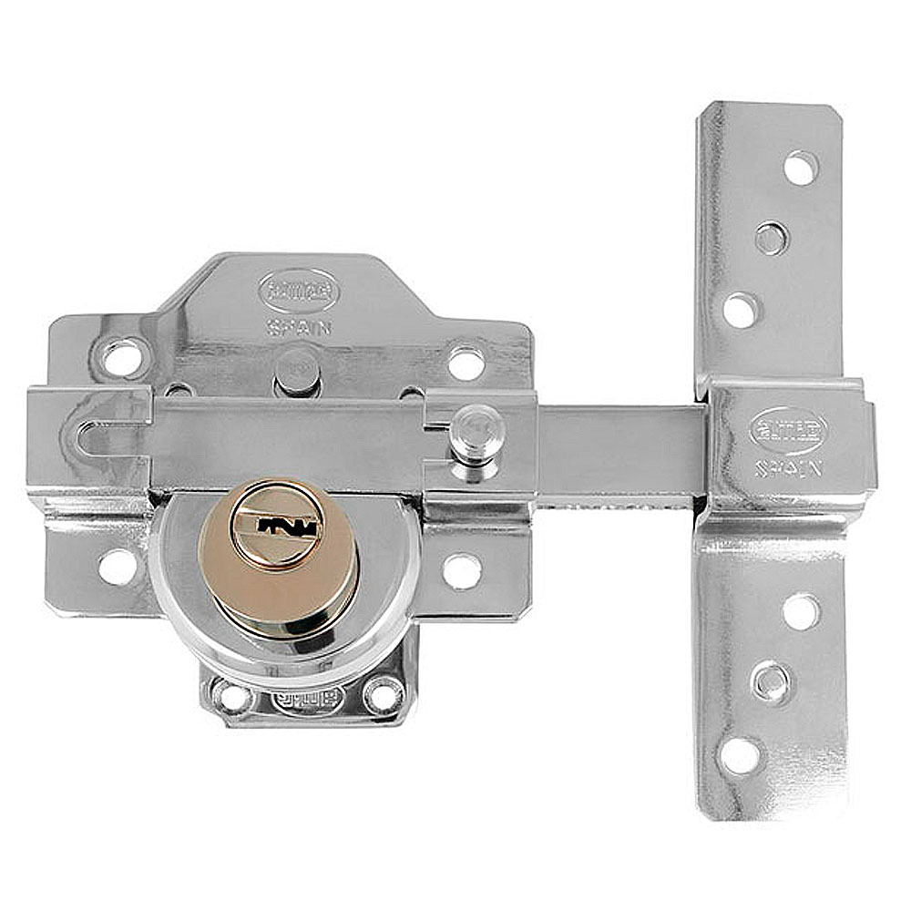 Cerrojo de sobreponer con cilindro redondo de alta seguridad. 90x154mm. Acero cromado brillo - Mod. 4PLUS