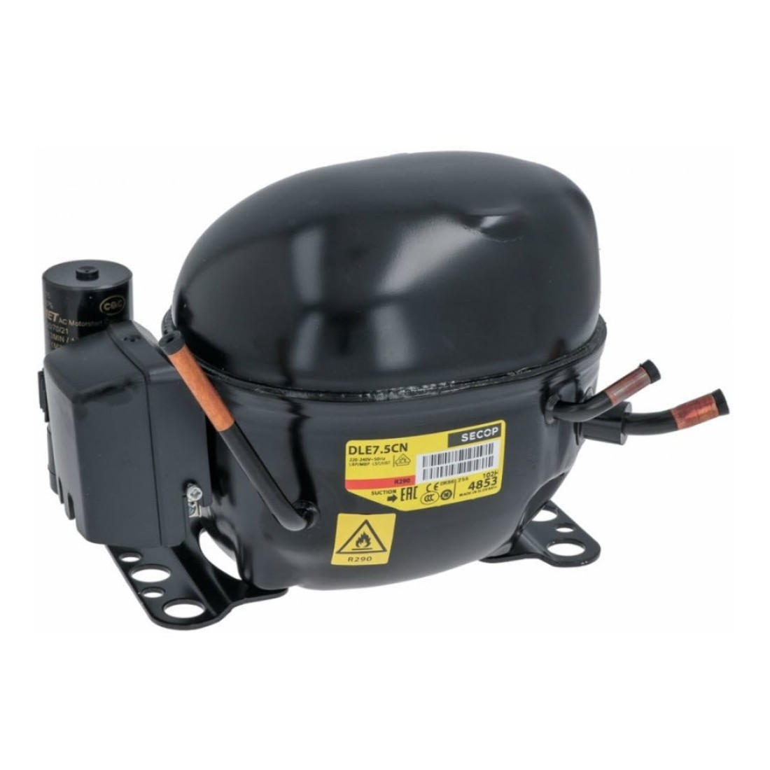 compresor refrigerante R290 SECOP DLE7.5CN 220-240V 50Hz LBP/MBP 9,24kg 1/3HP capacidad cilindro 7,48cm³ 605353 101978