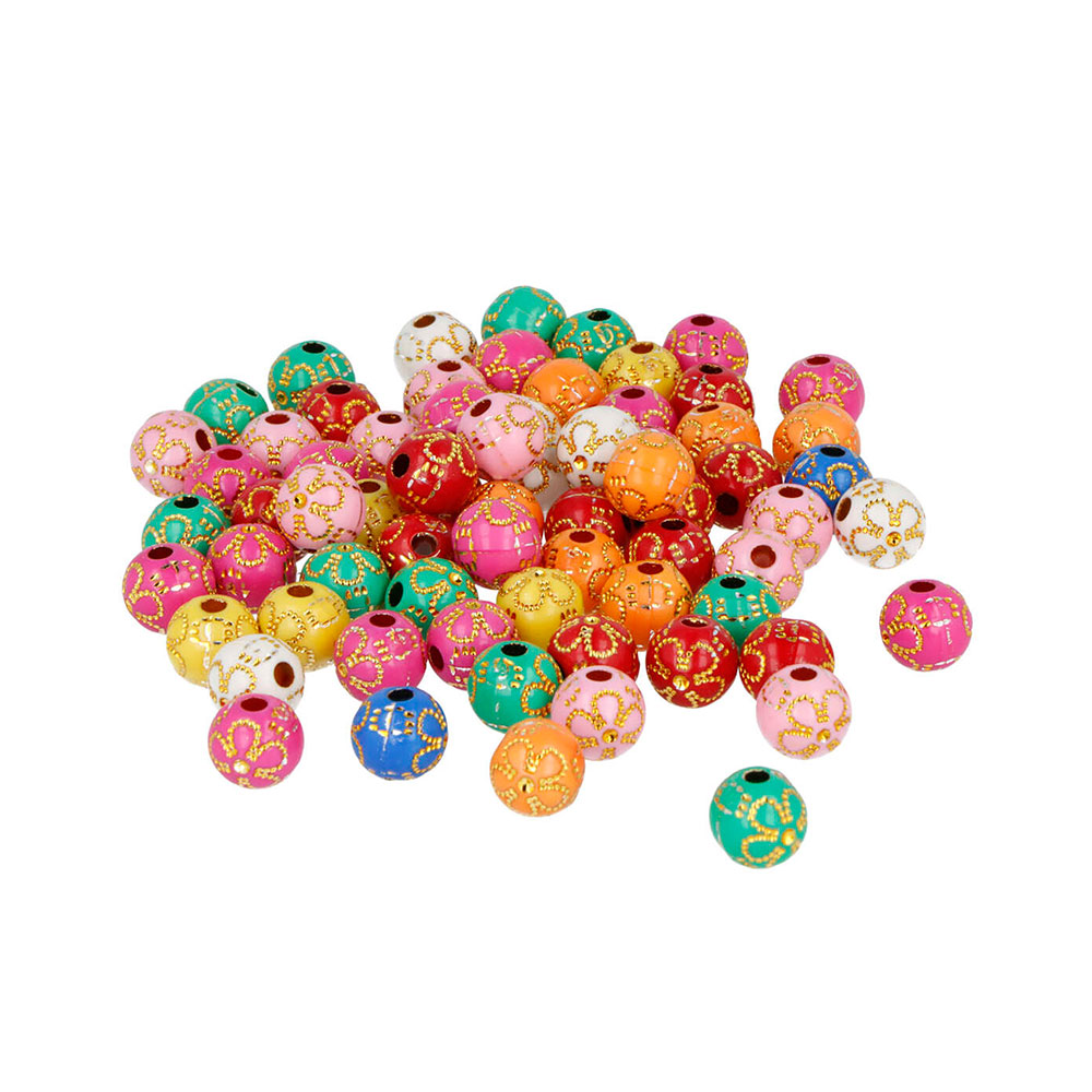 Bote Cuentas Plást Red. C/Dec. Multic Dorada 10mm 400u.+- E7489-10MM