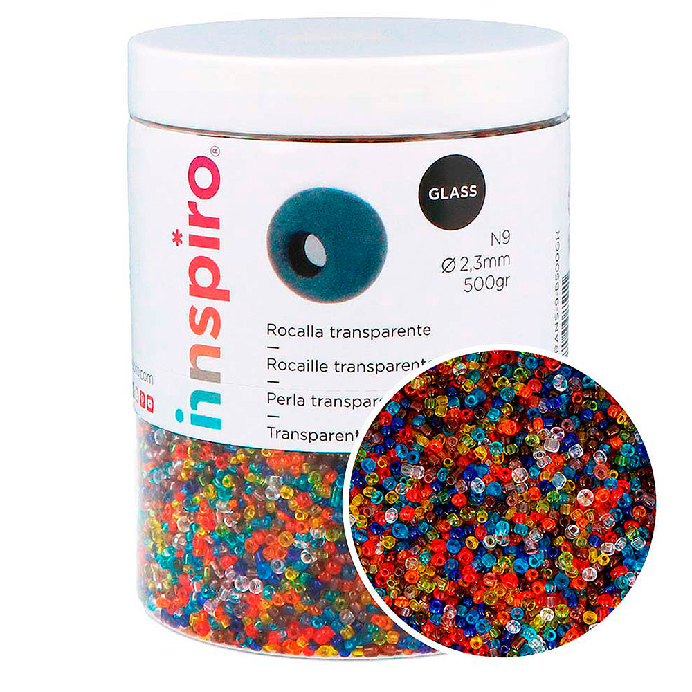 Bote Cuentas Vidrio 9 Multic. Transp. 2.5mm. 500gr. +- TRANS-9-B500