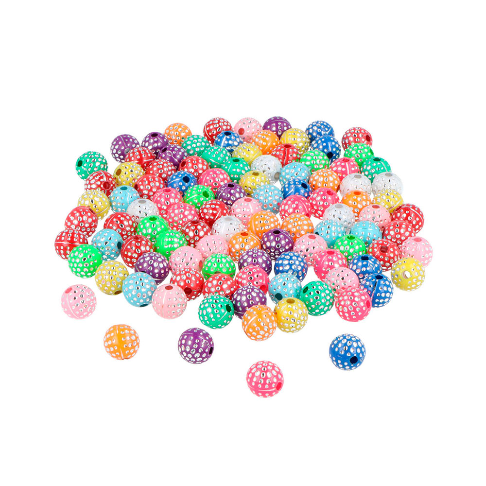 Bote Cuentas Plást Redondas Plateados Multic. C/Lunares 8mm. 750u. E7413