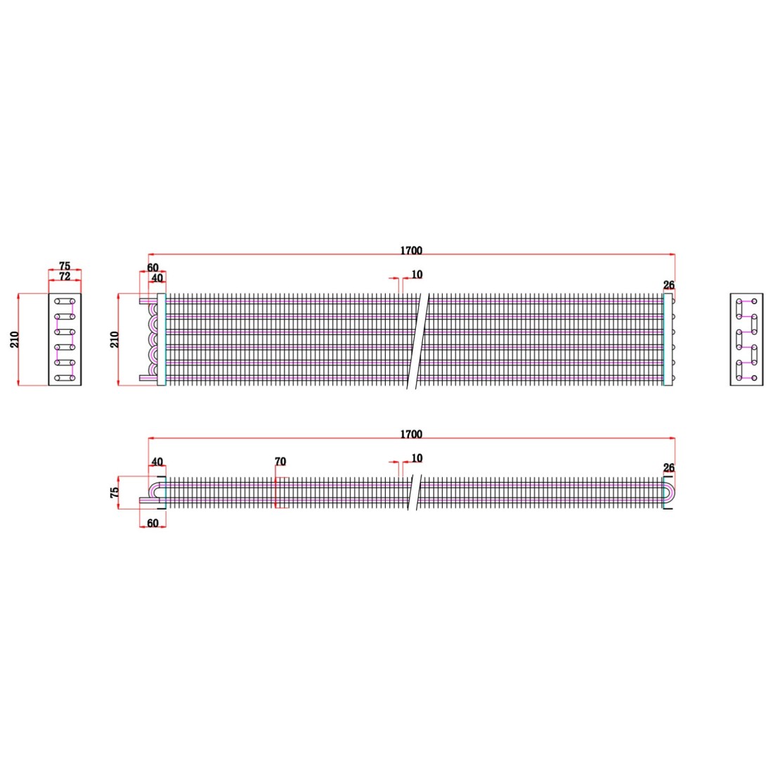 Evaporador Tubos Cobre 2x6 elementos 12,8mm medida 1700mm Entre Lamas 10mm
