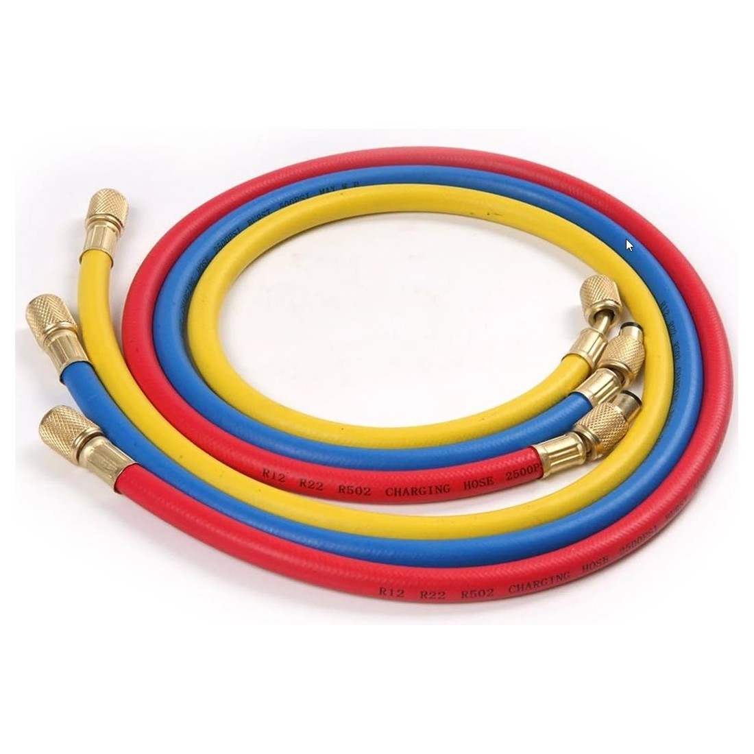 Kit mangueras de carga de refrigerante roscas  1/4" - 1/4" SAE R134a R12 R22 R502 2500PSI 1200mm